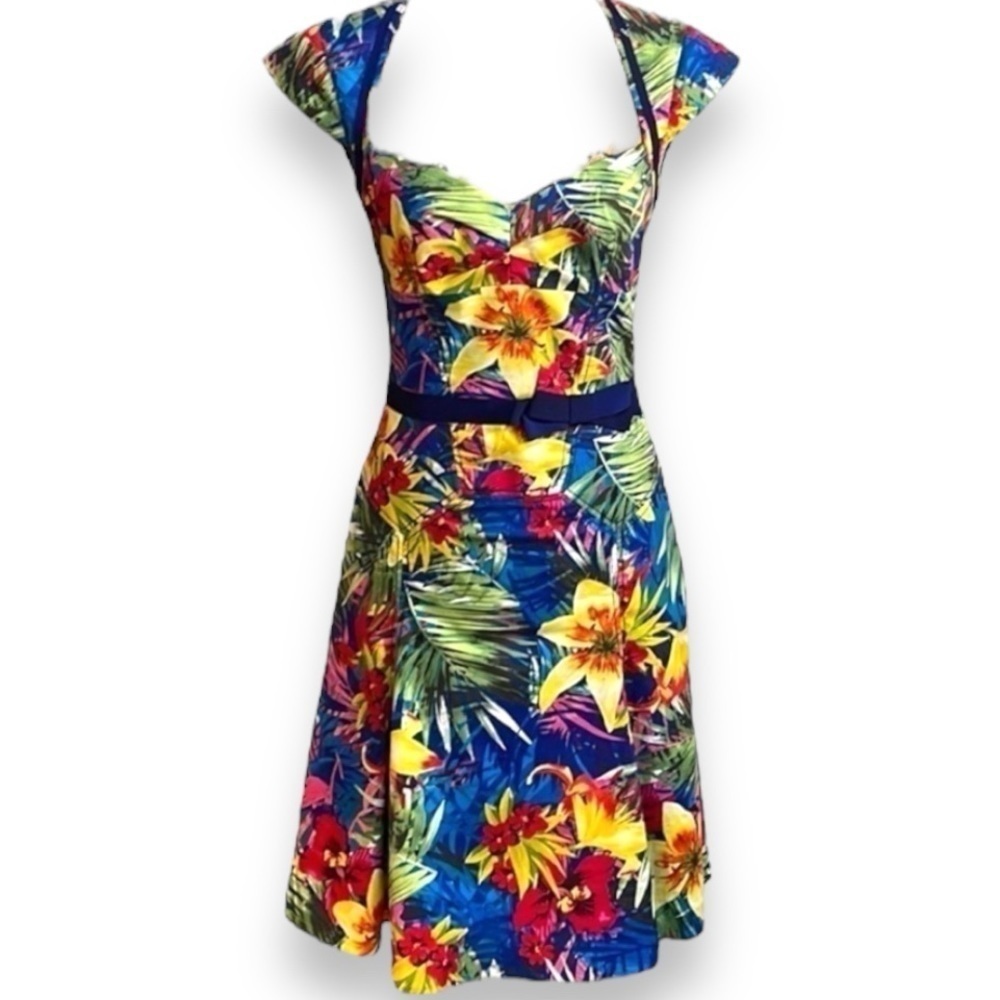 Karen Millen Tropical Floral Midi Dress in Blue, Yellow, Green